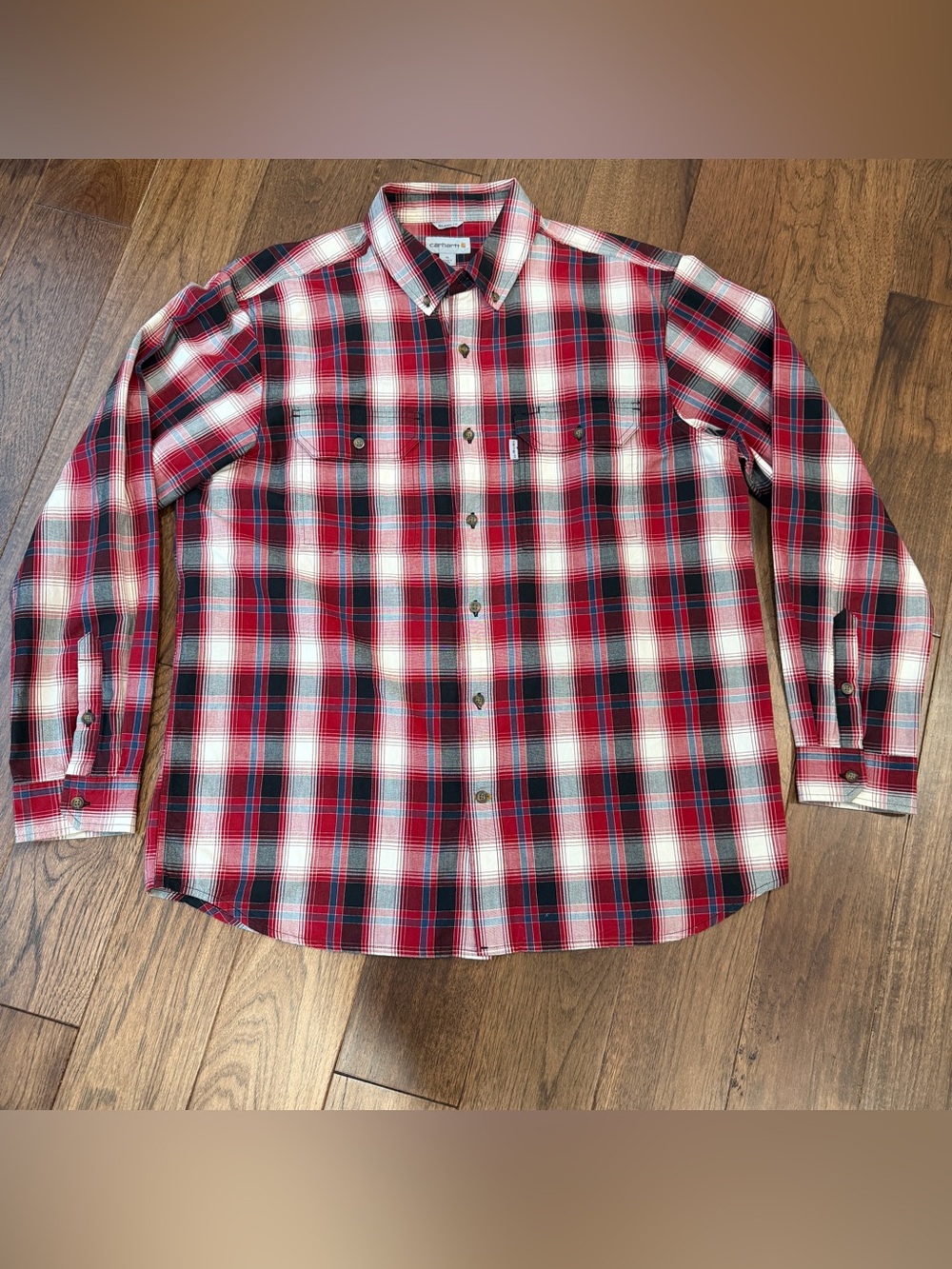 Carhartt Relaxed Fit Men’s Red Navy Plaid Flannel Button-Down Work Shirt Size XL